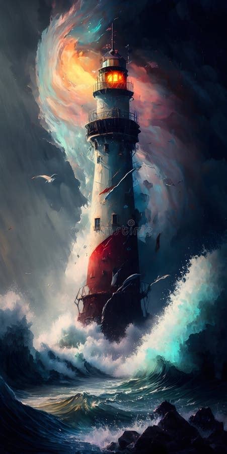 Vertical Illustration Oil Paint Style Of Huge Wave Hits Lighthouse Epic