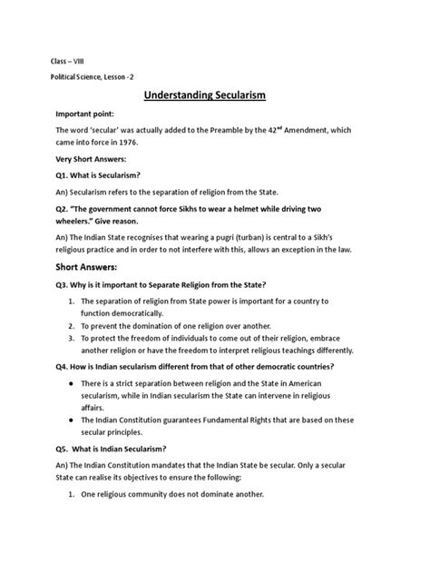 Class8 Notes Understanding Secularism Pdf Secularism Separation