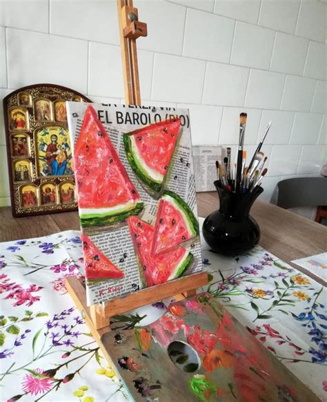 Watermelon Slices On Newspaper Original Oil On Canvas Board Painting