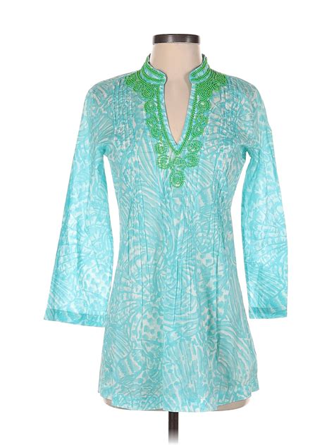 Lilly Pulitzer 100 Cotton Teal Blue Long Sleeve Blouse Size Xs 69