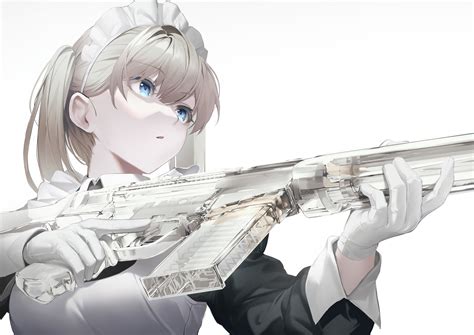 Safebooru 1girl Aiming Apron Assault Rifle Battle Rifle Blonde Hair