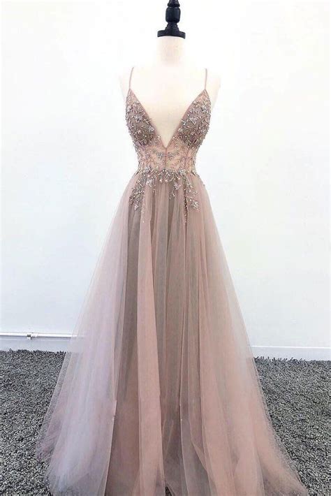 Champagne V Neck Tulle Long Prom Dress Champagne Evening Dress