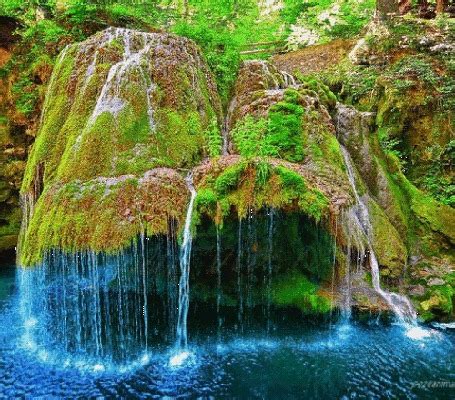Гиф анимация Водопад и озеро, окруженное деревьями