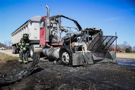 Semi Truck Becomes Engulfed In Flames Causing Brush Fire And Shutting Down Route 47 Near Woodstock