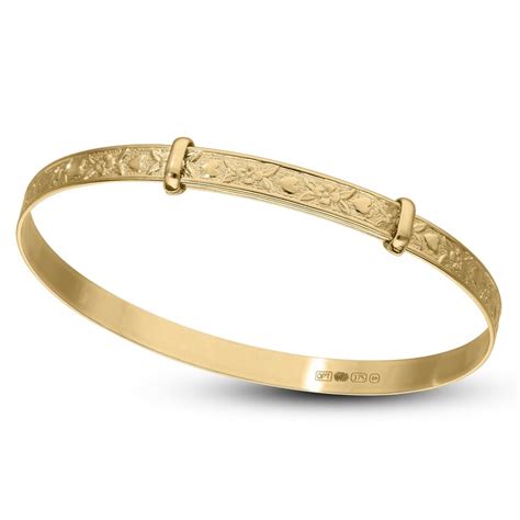 Gold Baby Bangle With Embossed Heart And Flowers Bracelet 9 Ct Etsy