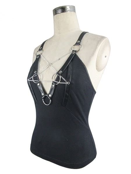 Devil Fashion Black Gothic Punk Pentagram Harness Sexy Tank Top For