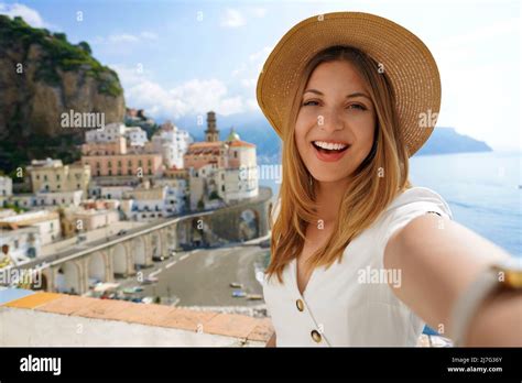 Travel In Europe Selfie Woman On Amalfi Coast Italy Happy Laughing