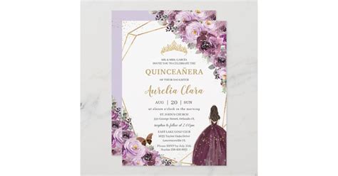 Quinceañera Plum Mauve Purple Floral Gold Princess Invitation Zazzle