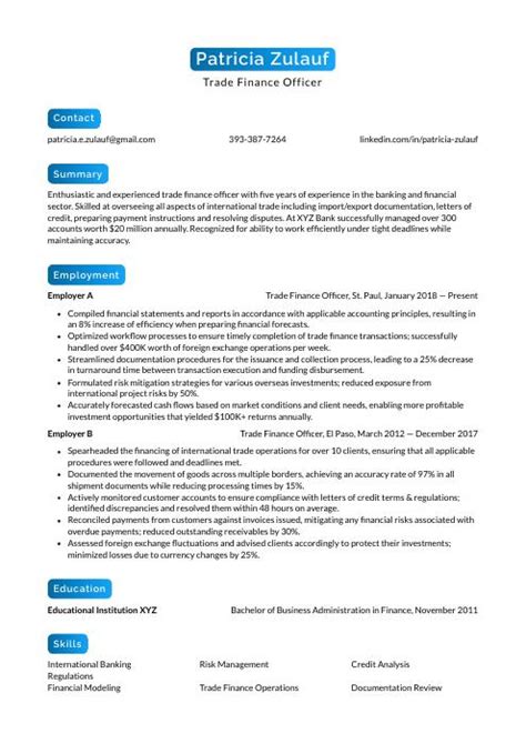 Trade Finance Officer Resume CV Example And Writing Guide