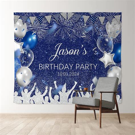 Personalized Spark Balloon Blue Birthday Backdrop Lofaris