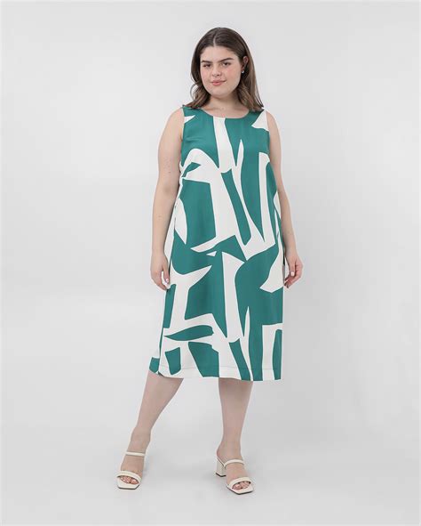 Riachuelo Vestido Plus Size Midi Reto De Viscose Abstrato Verde AK