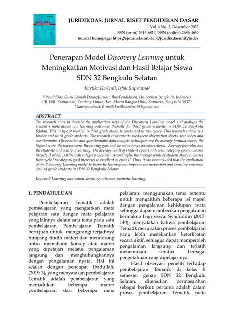 Pdf Penerapan Model Discovery Learning Untuk Meningkatkan Motivasi