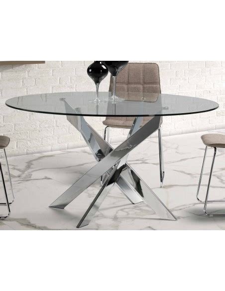 Thur 120 Mesa Redonda De Cristal Para Comedor Patas Metal Cromado