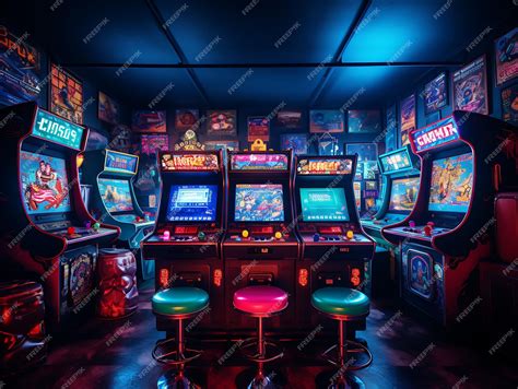 Retro arcade room boys with classic arcade machines and vint