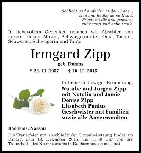 Traueranzeigen Von Irmgard Zipp Rz Trauer De