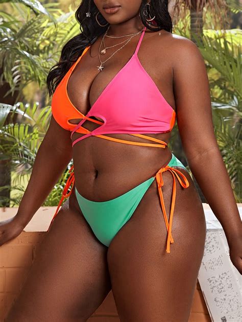 Shein Slayr Plus Color Block Bikini Set Crisscross Tie Back Wireless