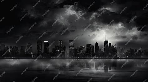 Premium Photo | A city skyline with a dark sky and a city in the ...