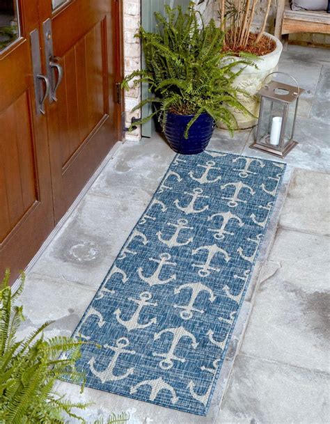 Unique Loom Ahoy Indoor Outdoor Coastal Rug Blue Ivory X