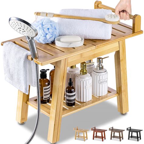 Etechmart Tier Bamboo Shower Bench Inch Spa Stool With Storage