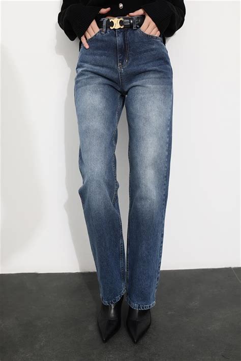 Lacivert Y Ksek Bel Straight Fit Jean