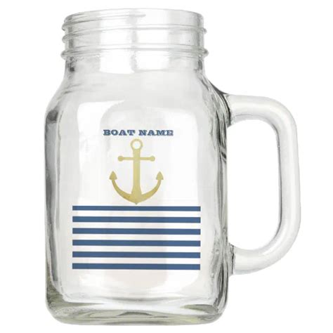 Nautical Boat Name Gold Anchor Navy Blue Striped Mason Jar Zazzle