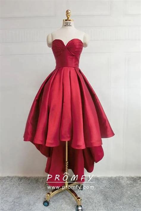 Cheap Crimson Red Satin Strapless Sweetheart High Low Ball Gown Prom