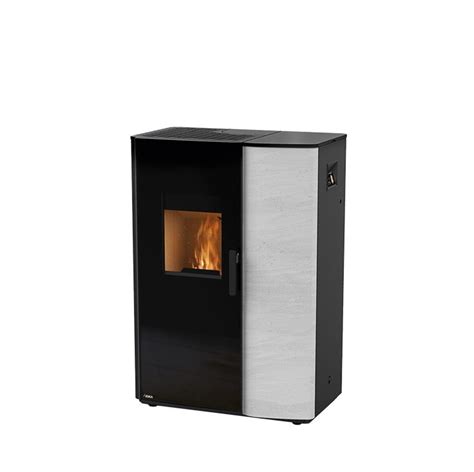 A Black And Silver Stove With Fire In It S Side Door On A White Background