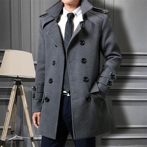 New Casual Long Double Breasted Trench Coat Men Turn Down Collar Coats