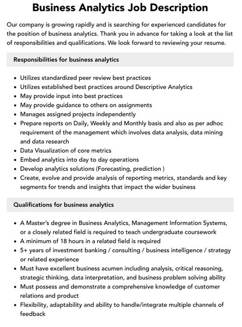 Business Analytics Job Description Velvet Jobs