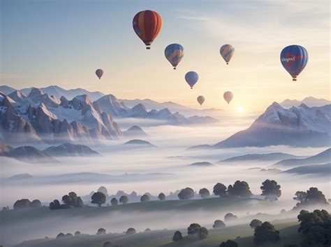 Premium Ai Image Landscape Of Morning Fog And Mountains With Hot Air