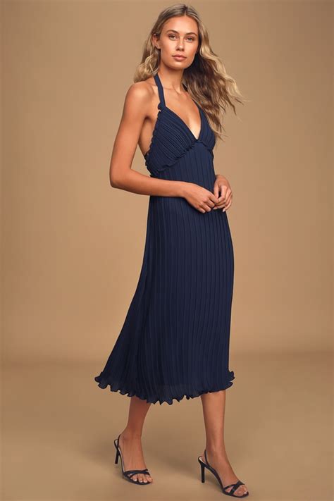 Chic Navy Blue Dress Pleated Midi Dress Ruffled Halter Dress Lulus