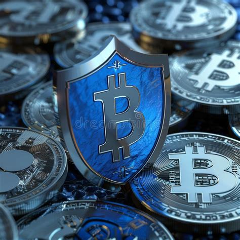 Blue Metallic Shield On A Pile Of Bitcoin Coins With Digital Network