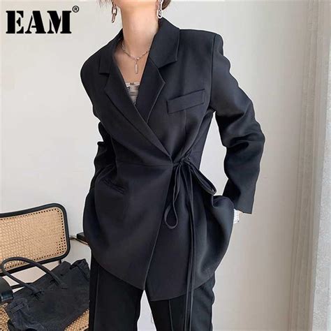 Eam Women Irregular Bandage Big Size Blazer Lapel Long Sleeve Loose Fit Jacket Fashion Spring