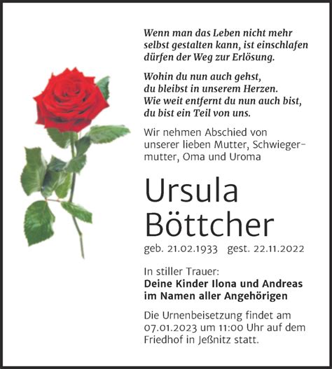 Traueranzeigen Von Ursula B Ttcher Abschied Nehmen De