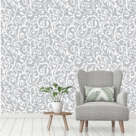 PAPEL DE PAREDE FLORAL ARABESCO BRANCO FUNDO CINZA Arquiprojeto