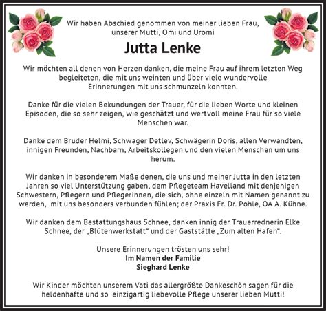 Traueranzeigen von Jutta Lenke Märkische Onlinezeitung Trauerportal