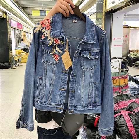 2018 Spring Autumn New Heavy Industry Flower Embroidery Hole Ripped Loose Denim Jacket Coats