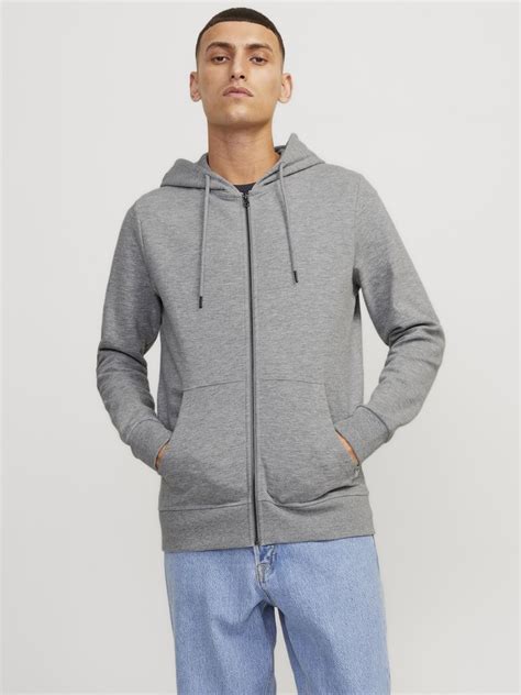 Jack And Jones Jjebasic Hood Sweatjacke Light Grey Melange Hellgrau