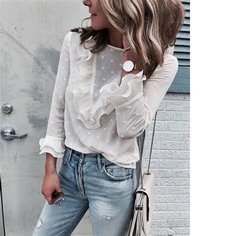 2018 Autumn White Lace Chiffon Blouse Elegant Floral Point Round Neck