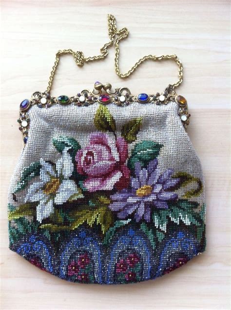 Gorgeous Antique Vintage Micro Beaded Floral Purse With Jeweled Brass