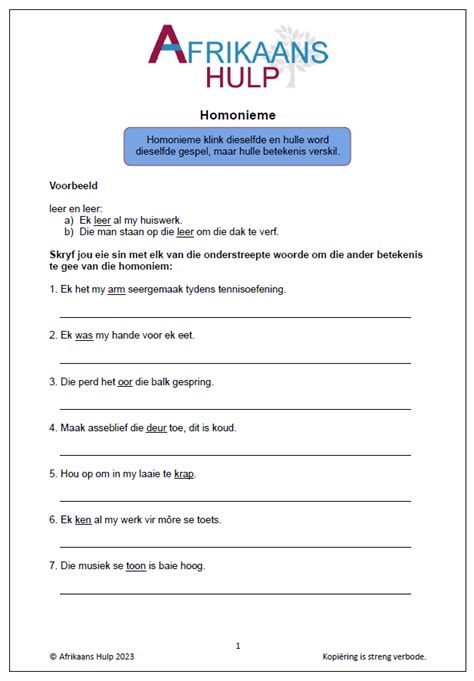 Homonieme Graad 4 Tot 6 Afrikaans Hulp
