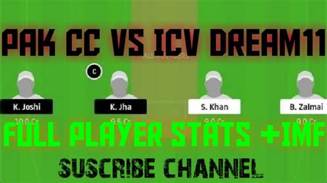 PAK CC Vs ICV PAK CC Vs ICV DREAM11 TEAM FULL PLAYER STATS YouTube