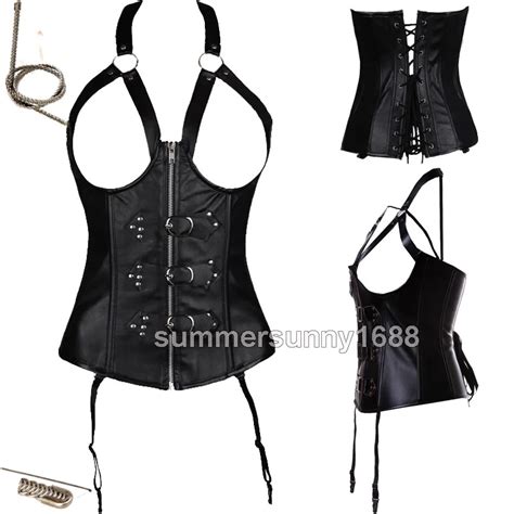 Faux Leather Steel Boned Underbust Cupless Buckle Zipper Corset Basques