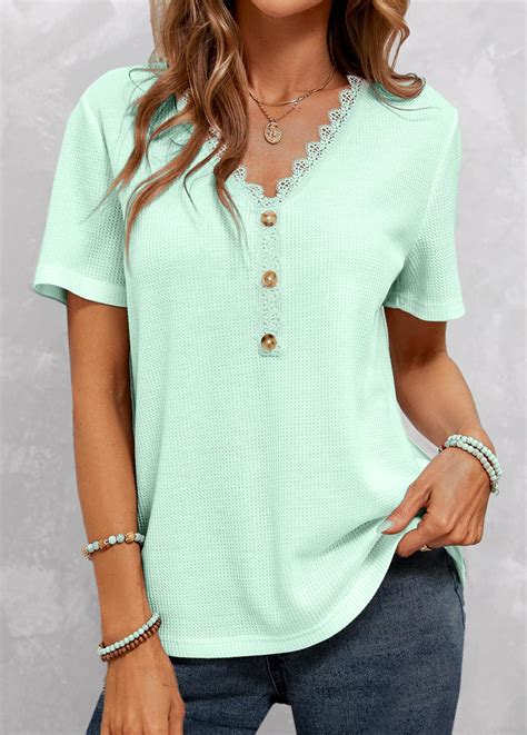 ROTITA Lace Mint Green V Neck T Shirt Rotita USD 16 98