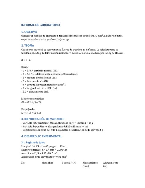 Informe de Laboratorio: Módulo de Elasticidad del Acero - Studocu