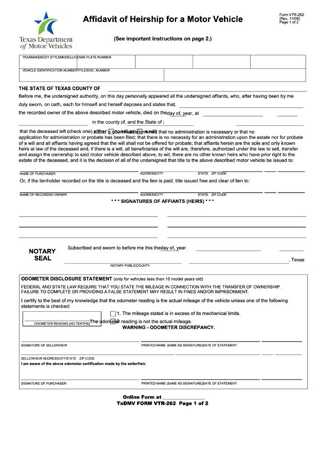 Form Vtr Affidavit Of Heirship For A Motor Vehicle Affidavitform Net