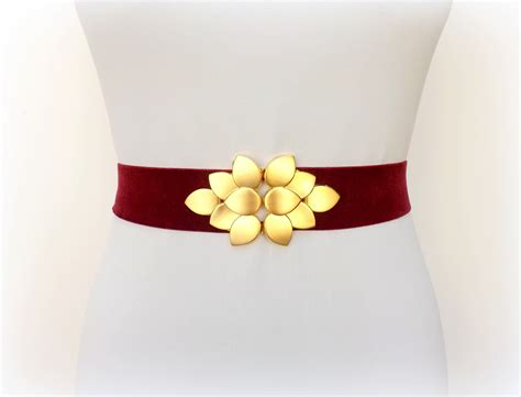 Burgundy Elastic Velvet Waist Belt Gold Leaf Pearly Dress Etsy Belt