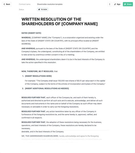 Shareholder Resolution Template Free To Use