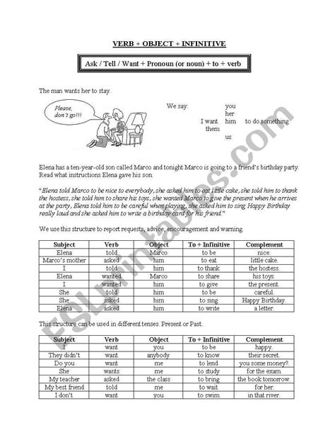 English Worksheets Verb Object Infinitive