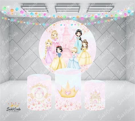 Kit Panel Redondo Forros De Cilindros De Princesas Acuarela